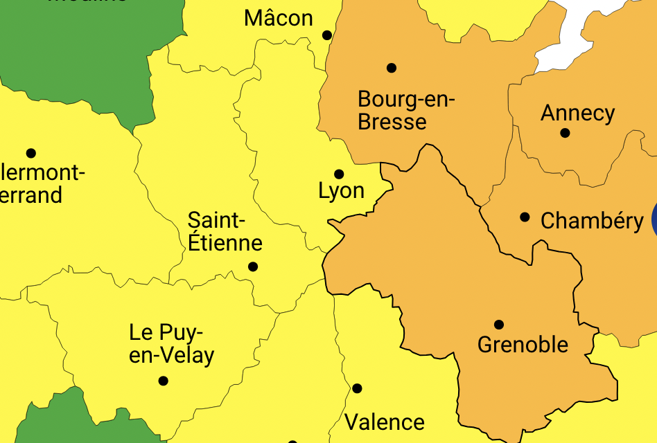 De 15 à 23 heures, l’Isère  et la vallée du Rhône aujourd’hui vendredi 12 juillet en alerte orange aux orages et pluie/inondation selon Météo France